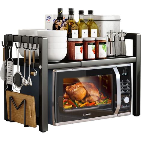 1 Étagère extensible, Acier au carbone, 2 niveaux, 5 crochets, Noir, Pour micro-ondes et cuisine