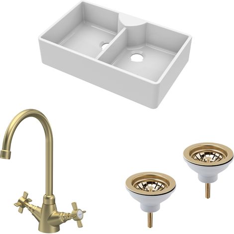Fireclay Kitchen Sink Bundle - 895mm Double Bowl Butler with 2 Wastes & Mono Crosshead Tap - Brushed Brass (1/5)
