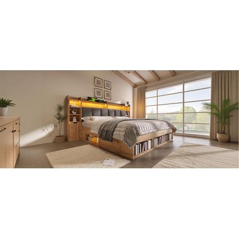 Lit double 160 x 200 cm avec 2 chevets à ports USB-C, tête de lit rembourrée avec LED, tiroirs à roulettes, bois, couleur chêne (1/5)