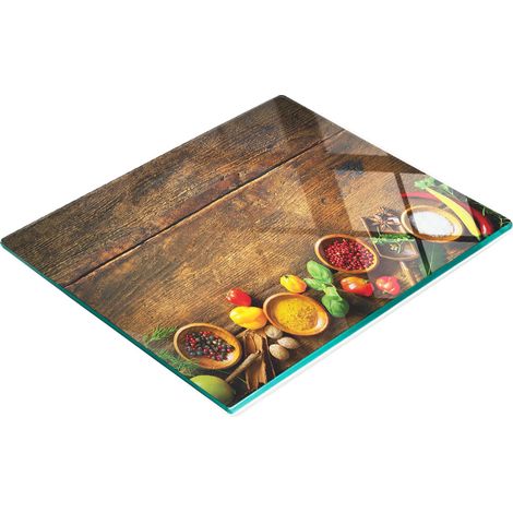 Tavoletta decorativa multifunzionale da cucina in vetro, con motivo erbe aromatiche e legno, 60x52 cm. (1/5)