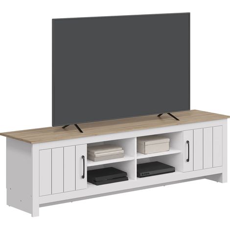 Meuble TV - HOMCOM - jusqu'à 55 pouces - 2 portes et 4 compartiments ouverts - bois - 175 x 39,8 x 50 cm - chêne et blanc (1/5)