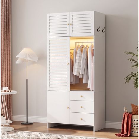 MODFU – Armoire 90x50x200 cm panneaux particules – Panier à linge amovible, LED et 3 tiroirs – Penderie et charge 30/20 kg – Chambre – Blanc (1/5)