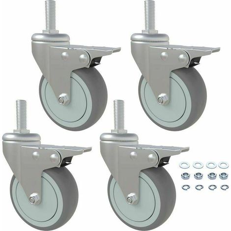 Roulettes, roulettes en caoutchouc de 7,6 cm (3 po), ensemble de 4, roulettes industrielles à tige filetée M12 x 30 mm (1-3/16 po), roue pivotante à double verrouillage robuste de 363 kg (800 lb), de  (1/4)