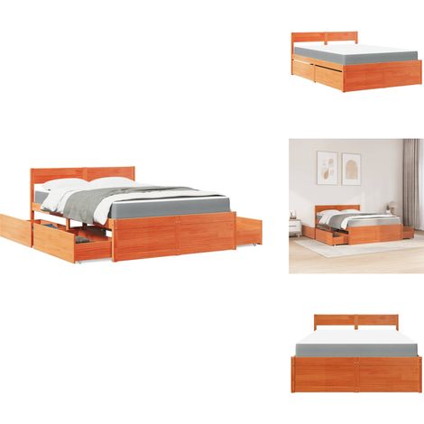 Lit avec tiroirs/matelas cire marron 120x190 cm bois massif pin - Lit Double - Lit Coffre - Lit Avec Rangement - Lit Bois Massif - Lit Moderne