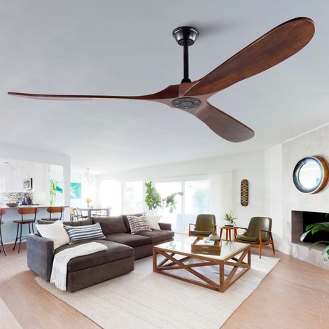 MODFU – Ventilatore da soffitto senza luce con motore DC 6 velocità, telecomando, pale in legno e 25 dB – Nero/noce (1/5)