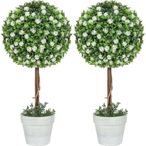 Set of 2 Decorative Artificial Plants, Ball Topiary Tree with Rose Flower in Pot, Fake Plants for Home Indoor Outdoor Decor, 60cm, White