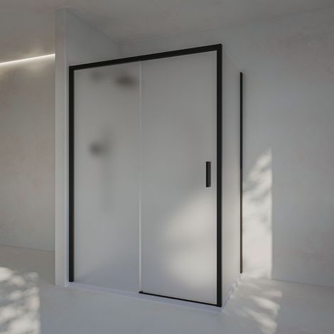 Paroi de douche coulissante+fixe+latéral fixe, sans profilé inférieur, verre MAT 6mm anticalcaire, 162,5-167,5cm x Fixe 87,5-90cm H=200cm, Noir (1/5)