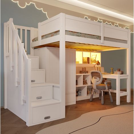 Letto a soppalco 90 x 200 con scrivania, scaffale, armadio, scala contenitore e LED (1/5)