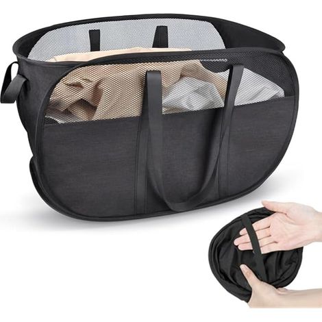 Panier à linge pliable 70 l - Sac à linge portable poignées filet - Sac à linge pop-up salle de bain chambre voyage - Noir (1/5)