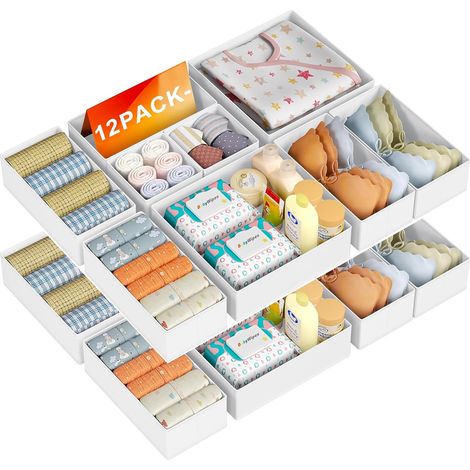 Organisateur Tiroir Rangement Vetement - Boite Rangement Tissu Pliable Lot de 12 Non-tissé Organiseur Bébé, Separateur Tiroirs pour Vêtements, Chaussettes, Soutiens-Gorge, Culottes, Blanc (1/5)
