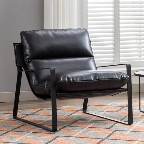 Loungesessel mit Armlehnen aus Kunstleder, Metallgestell, Schwarz (1/5)