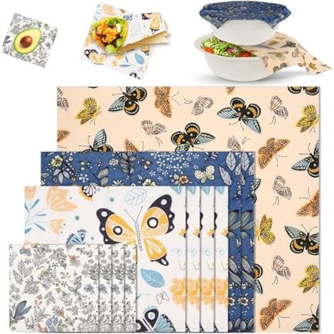 Bee Wrap Réutilisable, Lot de 11 Pièces Emballage Alimentaire en Cire d'Abeille avec 4 Tailles - Couvre Plat pour Sandwich, Pain, Fruits, Fromage, Conservation des Aliments et Bols (1/5)