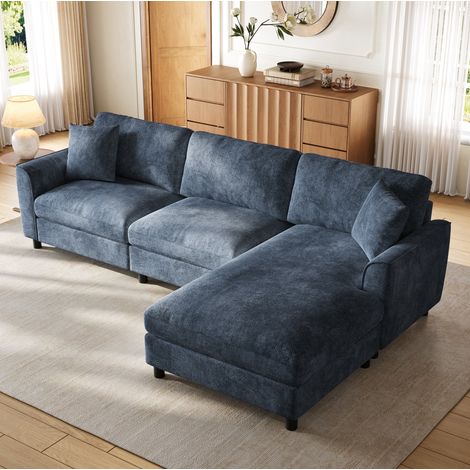 Divano angolare 3 posti 256x137x79 cm in ciniglia blu, chaise longue reversibile – MEUBLIV (1/5)