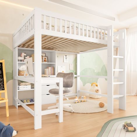 Letto a soppalco 140x200 cm in pino massello e MDF, bianco, con scrivania, 3 cassetti e ripiani aperti (1/5)