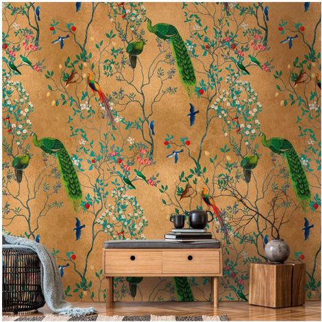 Photo wallpaper Profhome 398821 hot embossed non-woven wallpaper smooth with birds pattern matt brown green blue blue 1.59 m x 2.8 m (1/4)