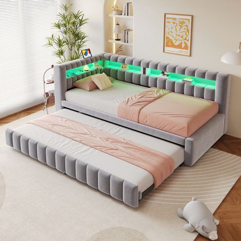 DESVIAE Canapé lit gigogne rembourré 90 x 200 cm avec LED USB USB C rangement tête de lit velours gris clair (1/5)