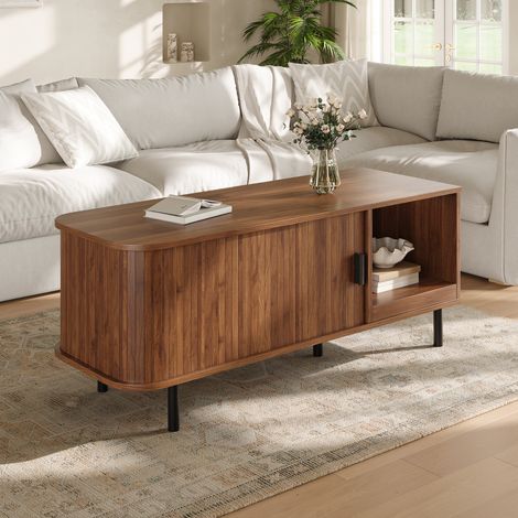 Mesa baja con puerta corredera y almacenamiento 110 x 40 x 55 cm en MDF y PB color nogal DESVIAE (1/5)