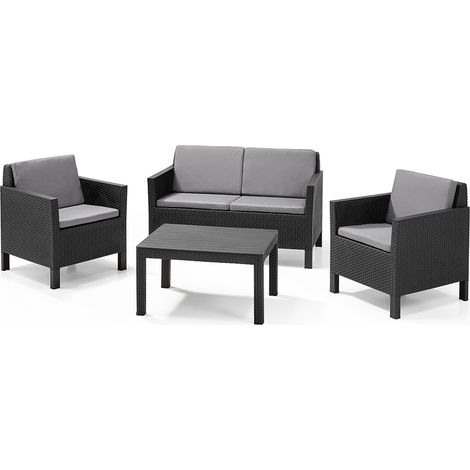 KETER Conjunto de Jardín terraza balcón CHICAGO grafito cojines Mesa 78x58.5x43, Silla/Sillón 64.5x64.5x75.5, Sofá 126x64.5x75.5 AnxPxAl cm (1/5)