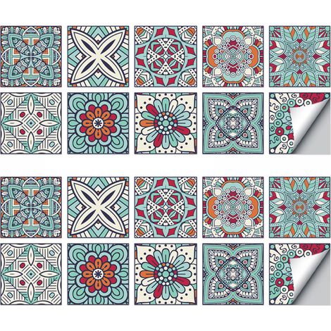 Papel pintado autoadhesivo marroquí vintage color verde azulado, 20 x 20 cm, impermeable, paquete de 20 unidades. (1/5)