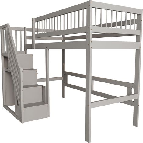 Lit en bois massif 90200, escalier avec armoire de rangement, lit enfant, lit junior, lit simple, cadre en bois massif, version haute, gris