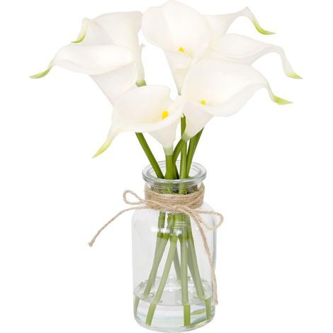 Lot de 7 arums artificiels blancs, conditionnés dans un vase en verre et contenant de l'eau artificielle, texture réaliste, en latex – parfaits pour la décoration de table et l'ornement de comptoir. (1/5)