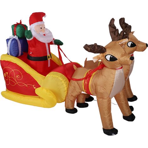 Père Noël gonflable sur son traîneau avec rennes, 2,13 m (7 pi), en fibre de polyester, décoration de Noël gonflable pour jardin et pelouse, prise américaine 100-240 V (1/5)