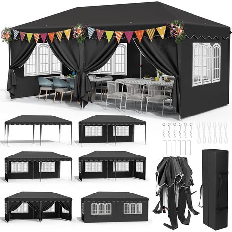 Pavillon 3 x 6, One Push Faltpavillon Wasserdicht, Pop up Pavillon
Gartenpavillon Winterfest mit 6 Seitenteilen, Partyzelt mit 12 Erdhaken, für Strand Festival Camping Markt Hochzeit, Schwarz (1/5)