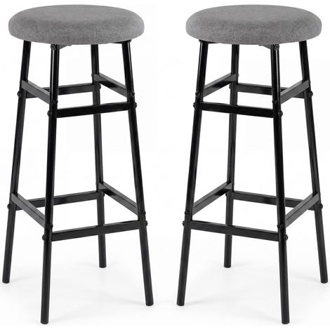 Grey Linen Bar Stools Set of 2 with Metal Frame (1/4)