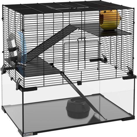 Cage pour hamster rongeur 3 étages avec roue, rampes, maison, abreuvoir, mangeoire - 60 x 40 x 54,5 cm noir (1/5)