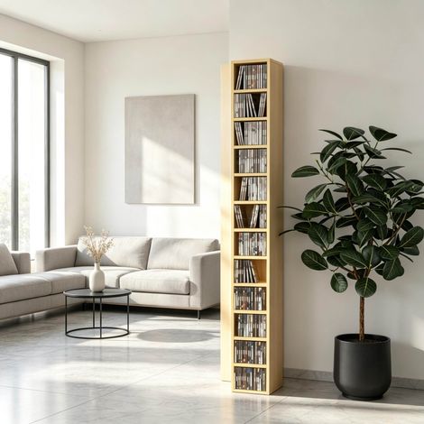 Meuble de rangement CD, tour multimédia étroite 12 niveaux en bois clair et MDF, capacité 204 CD ou DVD, format vertical 21 x 20 x 175 cm, fixation murale, CHICFURN (1/5)