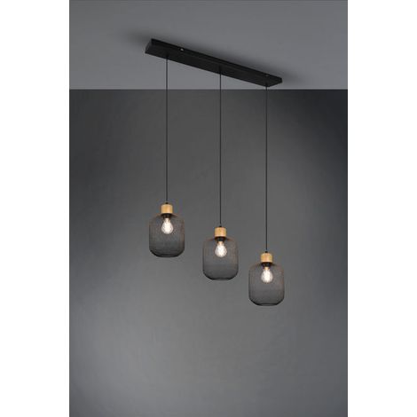 Lampada Sospensione Barra 3 Diffusori Gabbia Rete Neri e Legno Calimero GD Trio