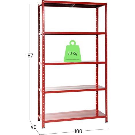 Grima KIT-F1RO51 Scaffale Metallo a Bulloni Kit 5 Ripiani 100x40x187 cm 400 Kg colore Rosso (1/3)