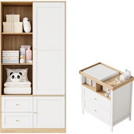 Armoire et Commode à Langer avec 2 Portes Coulissantes, 2 Tiroirs et Niches, en MDF, Blanc et Bois (1/5)