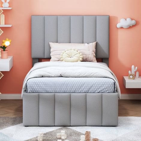 Polsterbett  mit Rollbett und Stauraumschubladen, hautfreundliche Leinenpolsterung, flaches Einzelbett, Kinderbett, Jugendbett, Gästebett