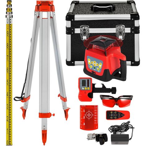 Niveau laser rotatif rouge à nivellement automatique, balayage rotatif à 360°, portée de 500 m, trépied et mire de 5 m inclus. (1/5)