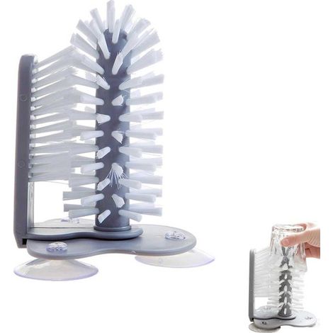 Detergente per bicchieri - Spazzola per la pulizia di bottiglie d'acqua - Con base a ventosa - per bicchieri da birra - Grigio - Doppia faccia - Lazy Cup brush (1/5)