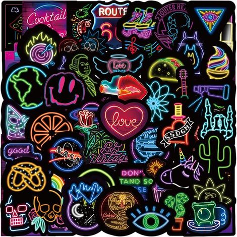 Lot de 50 autocollants néon - Pour ordinateur portable, bullet journal, valise - Stickers de décoration - Pour enfants et adultes