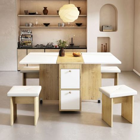 Ensemble de salle à manger (incluant une table et 4 chaises)  table aux fonctionnalités multiples (pliable, extensible)  finition dans des tons blanc et chêne. (1/5)