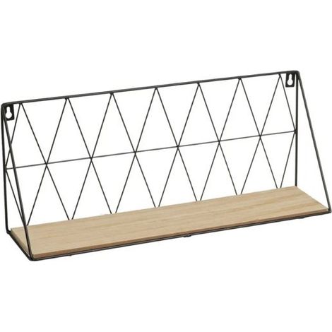 Étagère décorative murale - JUANIO - 48x12x20 cm - Noir - Cadre métal thermolaqué - Panneau MDF plaqué paulownia (1/4)