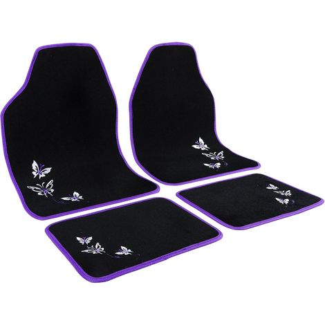 WOLTU Universal Non-Slip Carpet Car Floor Mats Set of 4 Pieces Front & Rear. Black with Purple Embroidery Butterfly