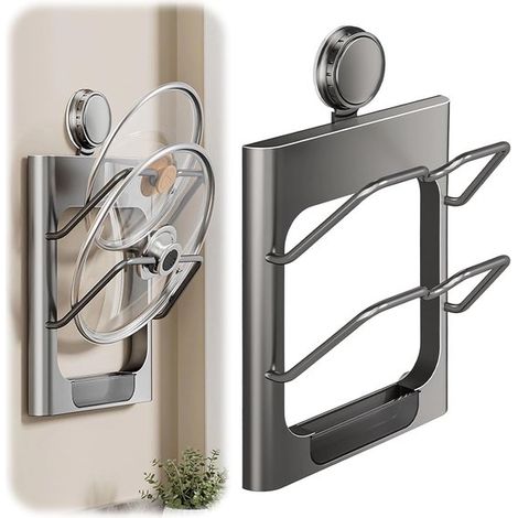 1 Wandmontierter Deckelorganizer, 24,5 × 21 × 9,5 cm, kein Bohren erforderlich, stabiler Deckelorganizer mit Saugnapf und Abtropfschale, platzsparend, Grau (1/5)