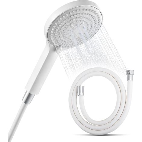 Pommeau de Douche avec Tuyau de 1.6m, Pomme de Douche avec 6 Modes de Jet, Douchette Economie Deau, Grande Shower Head, Blanc (1/5)