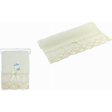 Cleafe - Asciugamano Bagno Telo Cotone Morbido Decorato 70x140cm 380gr Beige Chiaro 79504 - (1/2)