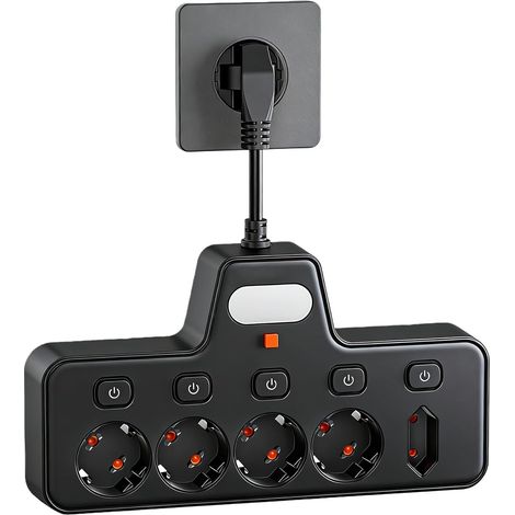 Prise Multiple avec Interrupteur Individuel, 24 9 4cm Multiprises avec Interrupteur, Bloc Prise Murale, Daptateur avec Fiches Interrupteurs 5-en-1 Multiprise Électrique pour Bureau, Maison, Noir (1/5)