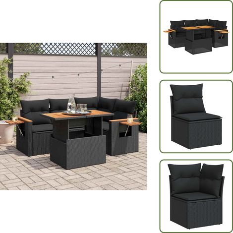 vidaXL Salon de jardin 5 pcs avec coussins noir résine tressée acacia (1/5)