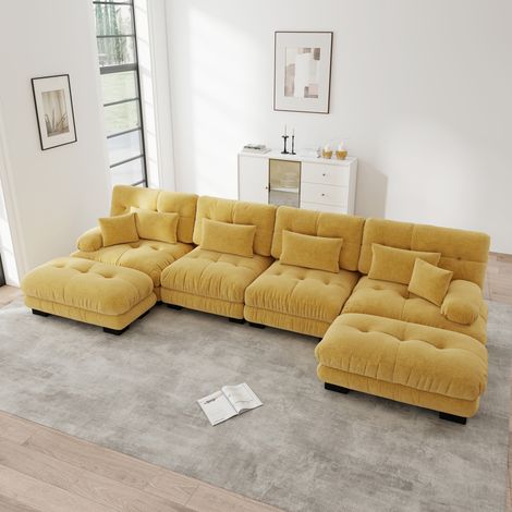 Canapé d'angle modulable, ensemble en U pour séjour, sofa nuage moelleux 4 places avec repose-pieds détachable, configuration libre à assembler, teinte jaune (1/5)