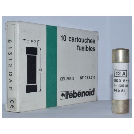 Fusible 12A cartouche 14X51mm gG usage industriel (boite de 10) HPC 120kA 500V avec voyant et percuteur EBENOID 061312 (1/2)