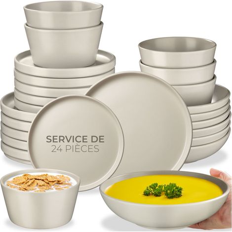 24 pièces service de table en grès pour 6 personnes taupe