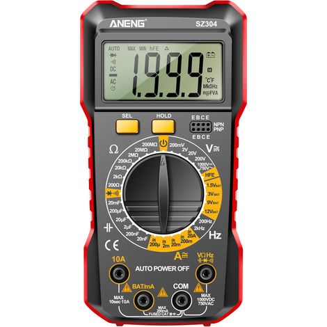 Multimetro digitale multifunzione SZ304, tester portatile True RMS ad alta precisione, misura tensione, corrente, resistenza e capacità con puntali di prova.