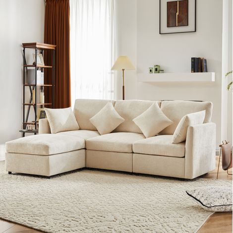 Canapé d'angle modulable convertible en 3 places, avec pouf mobile et 4 coussins, beige HAVRYA (1/5)